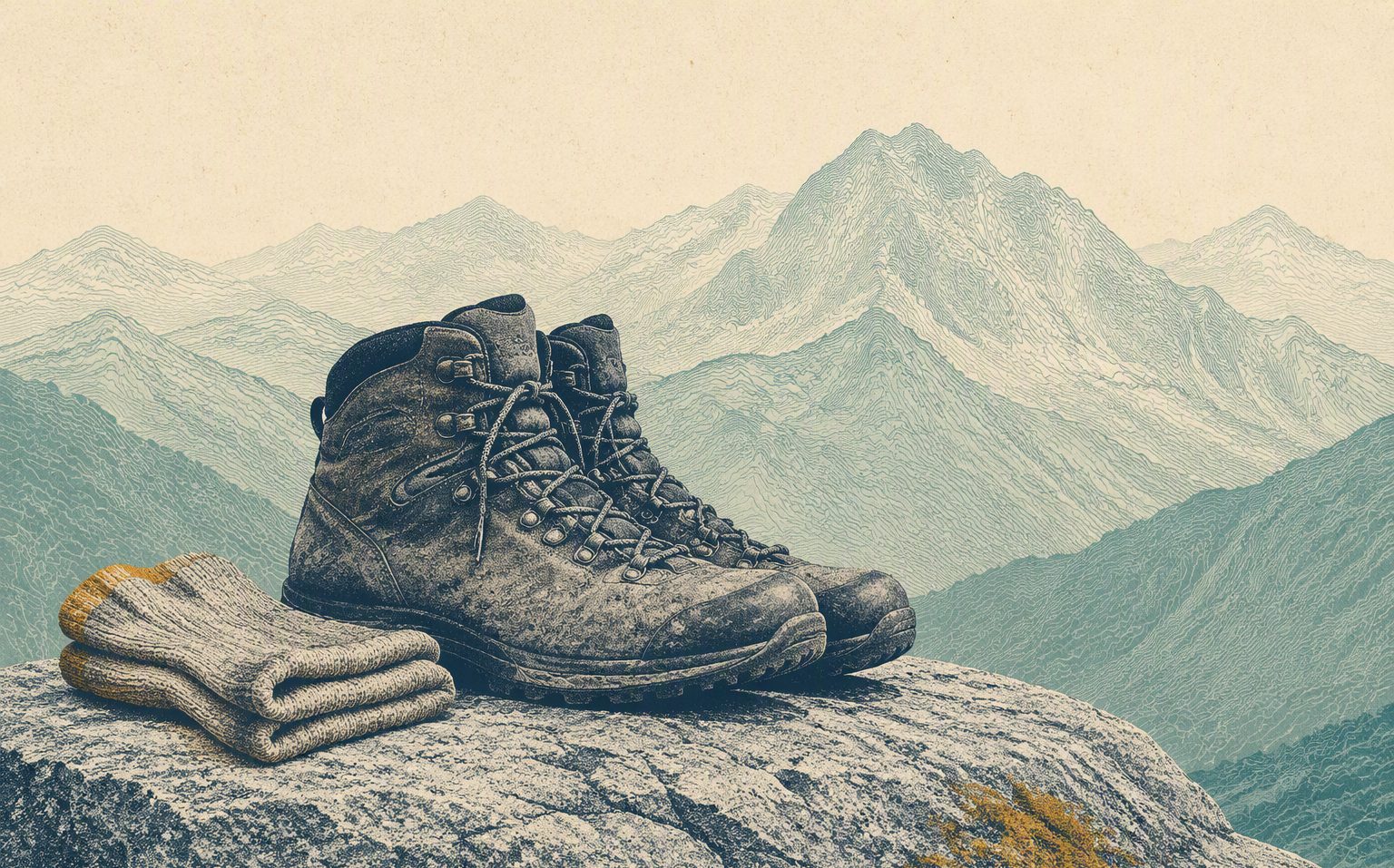 A hiking boot fit guide for long descents — risograph field illustration.