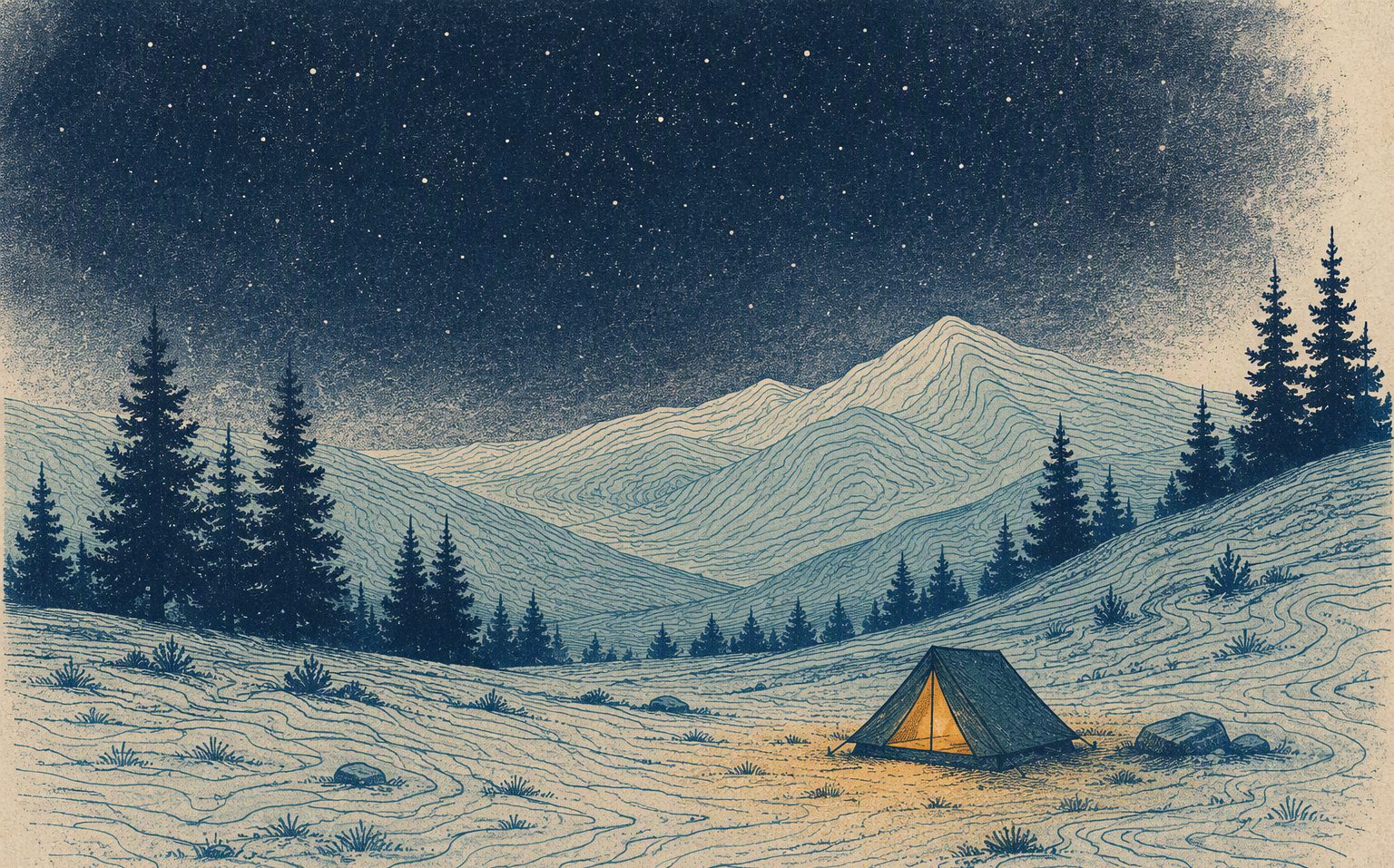 Camping — Sleep well beyond the trailhead Risograph field illustration.