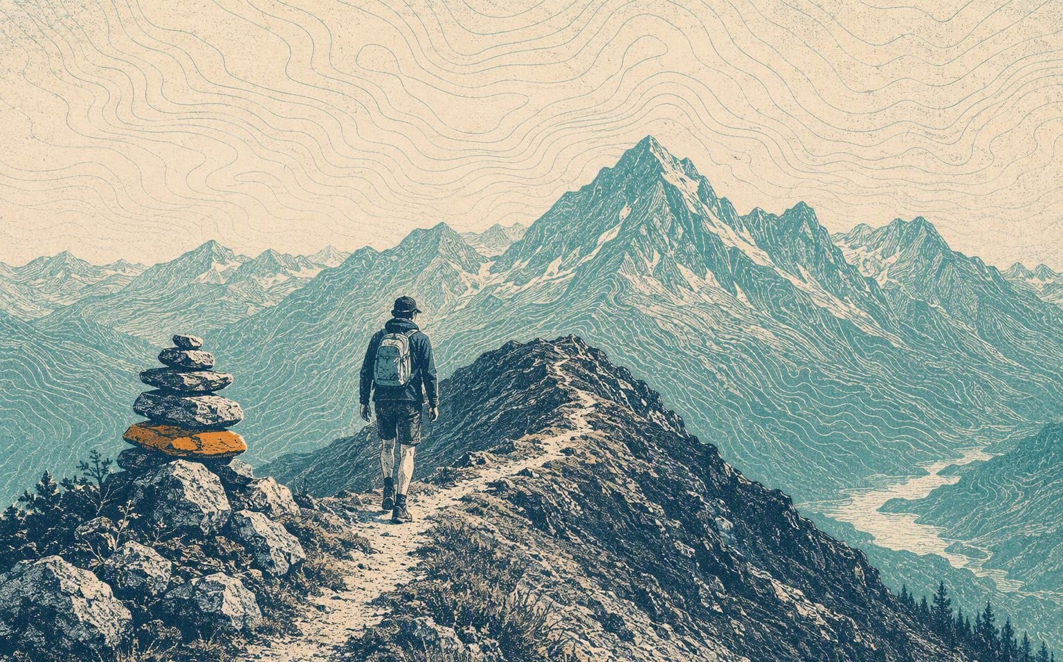 Hiking — Build a kit that earns its place Risograph field illustration.