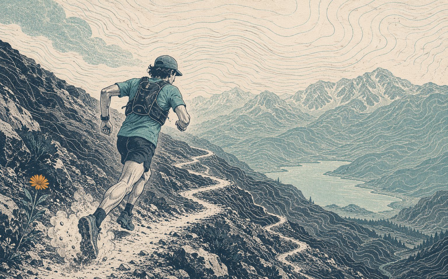 Trail running — Move light. Stay prepared. Risograph field illustration.