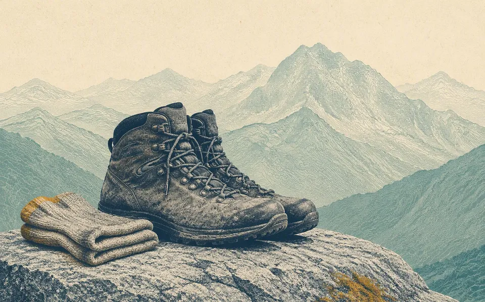 How Should Hiking Boots Fit? Toe Room, Heel & Width. Risograph field illustration.