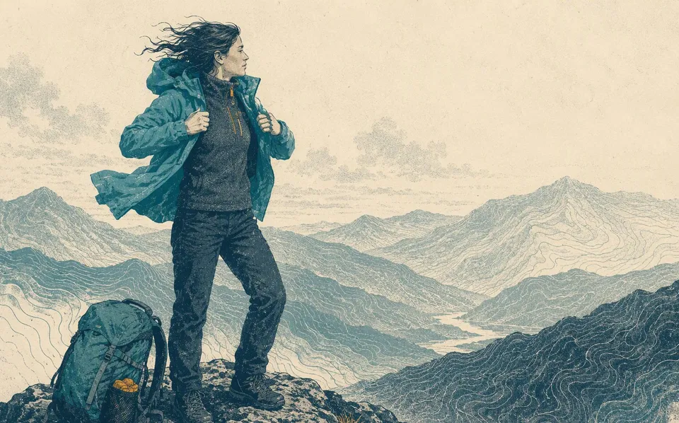 How to layer for a day hike without carrying your whole closet. Risograph field illustration.
