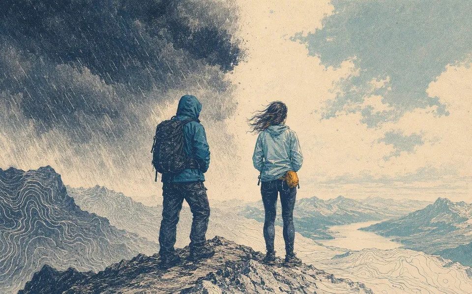 Rain Shell vs Wind Shell: Which Do You Need?. Risograph field illustration.