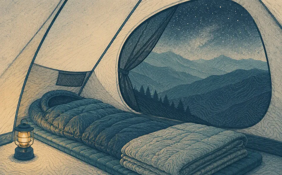 A first camping sleep system that works as one unit. Risograph field illustration.