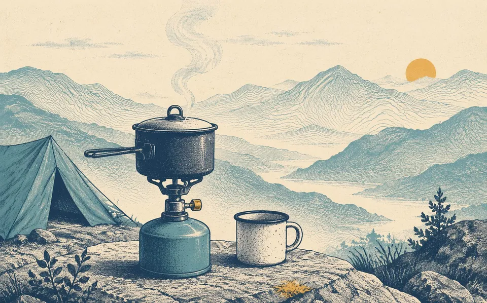 Camping stove basics: choose the meal, then the stove. Risograph field illustration.